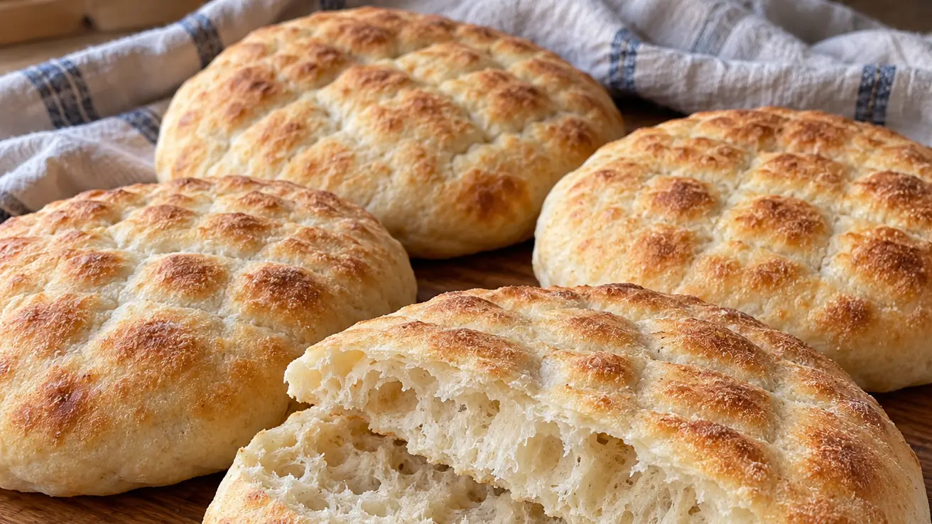 Zachte goudbruine Bosnische lepinja met ruitpatroon en een opengesneden broodje met luchtige poreuze kruim