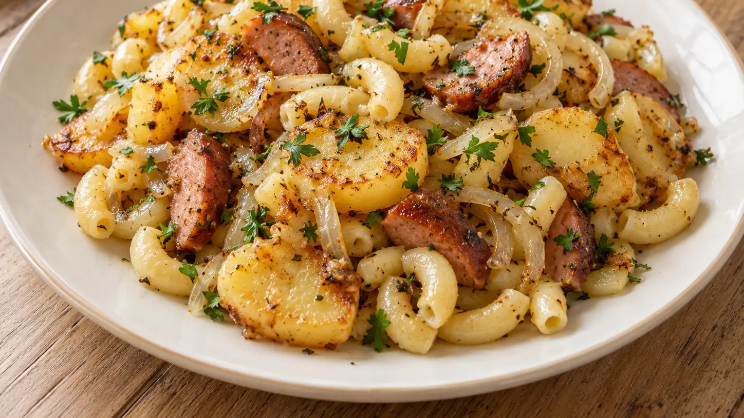 Grenadiermarsch met goudbruine aardappelen, pasta, worst en ui op een bord