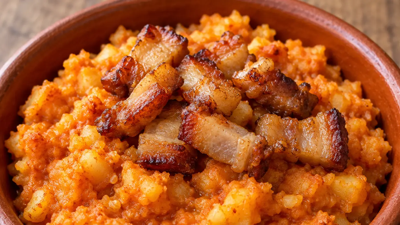 Patate schiacciate grossolanamente rosso aranciato con paprika affumicata e pezzi di pancetta croccante sopra