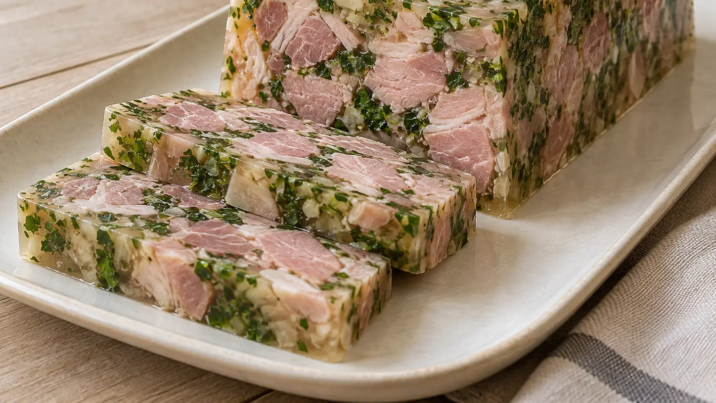 Fette di jambon persillé con pezzi di prosciutto e abbondante prezzemolo nella gelatina chiara