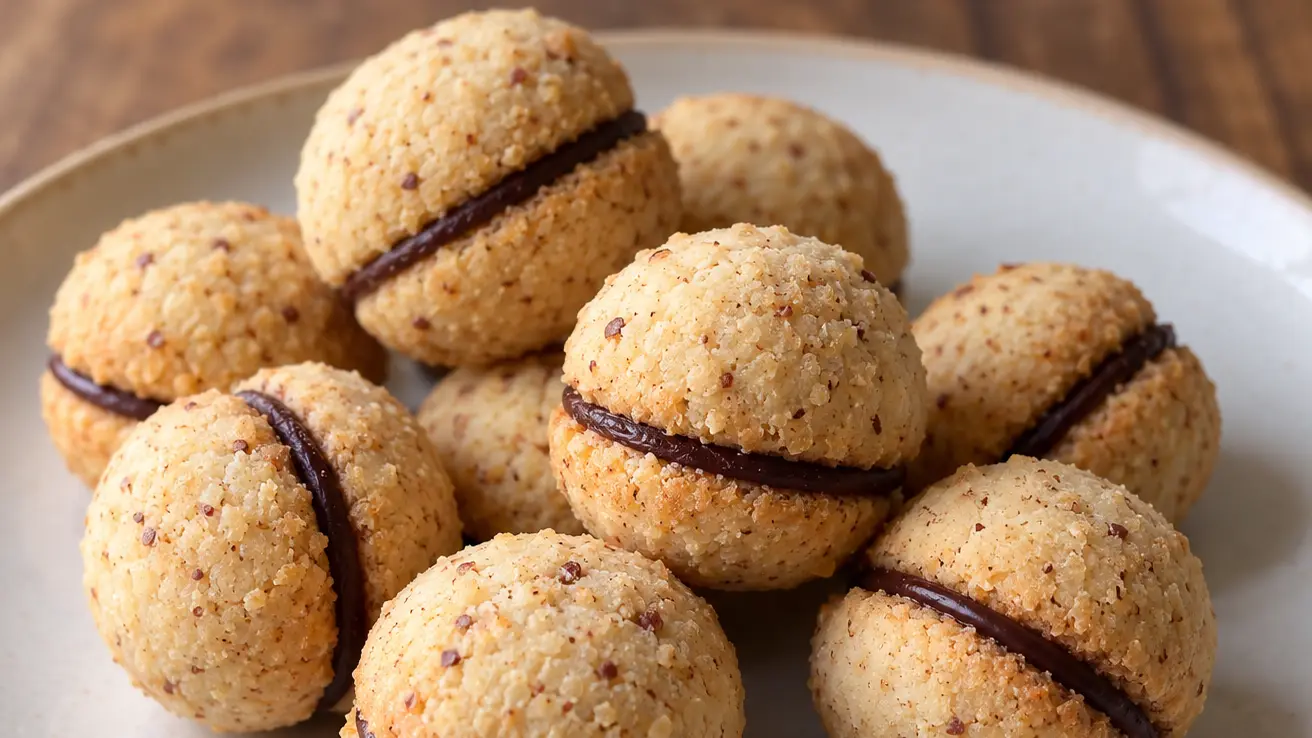 Baci di dama friabili alle nocciole, due semisfere bombate leggermente dorate unite dal cioccolato fondente