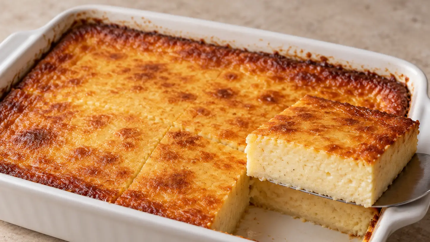 Quesada pasiega dorata con interno chiaro e umido tagliata nella pirofila ampia