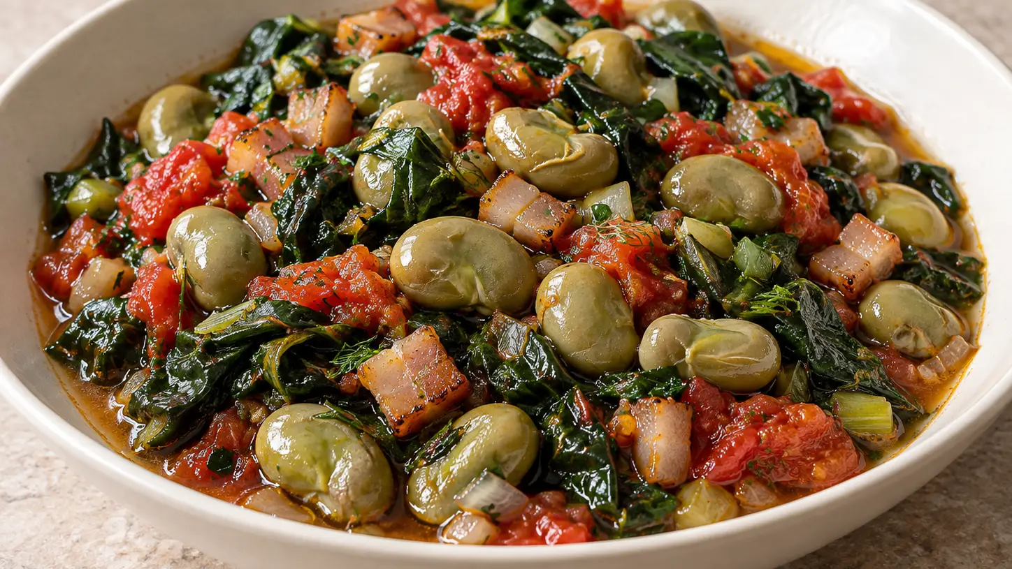 Scafata con fave morbide, bietole, guanciale e pomodori in un sugo succoso nel piatto