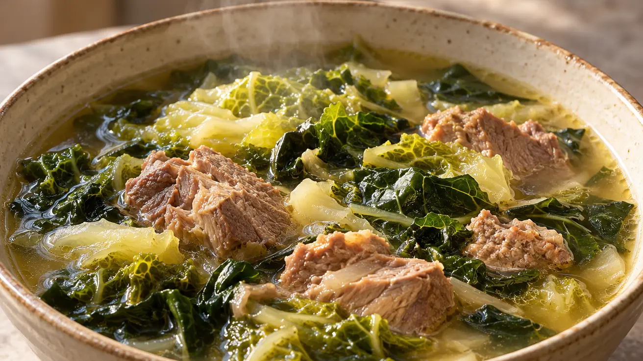 Minestra maritata con pezzi di maiale e tenere foglie verdi in brodo chiaro di carne