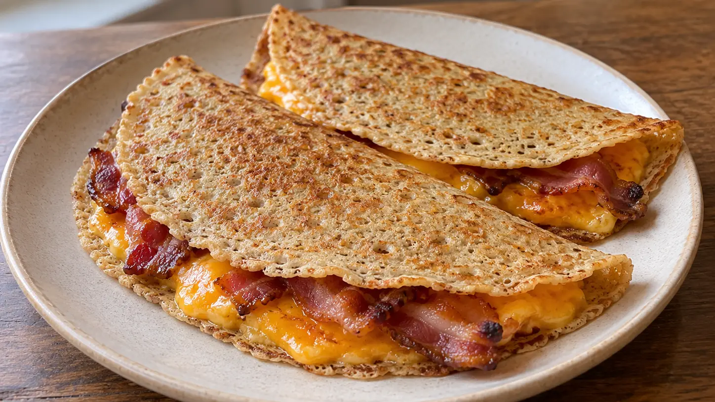 Staffordshire oatcakes morbidi dalla superficie traforata, farciti con cheddar fuso e pancetta cotta