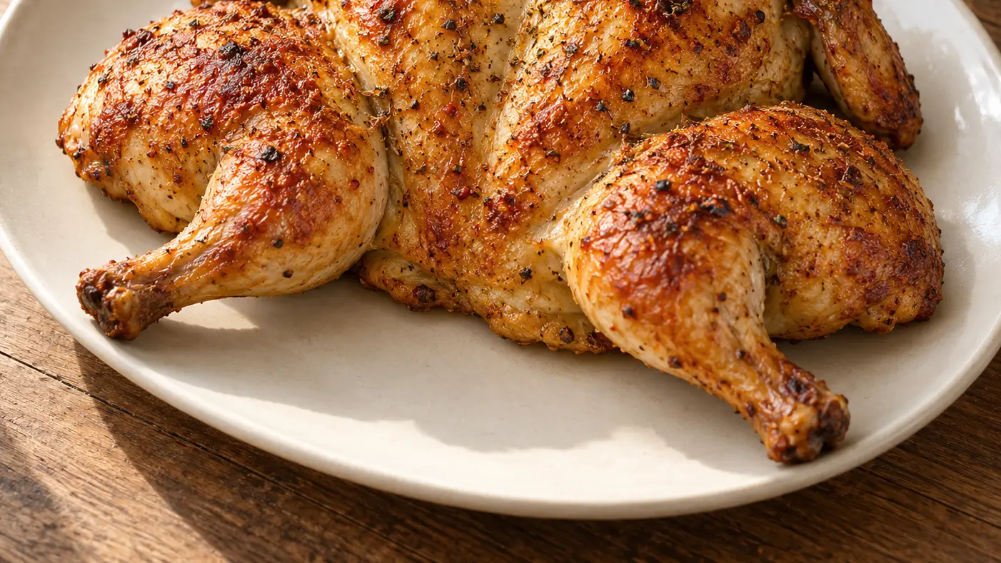 Platgedrukte pollo alla diavola met een krokant goudbruin vel geserveerd op een schaal
