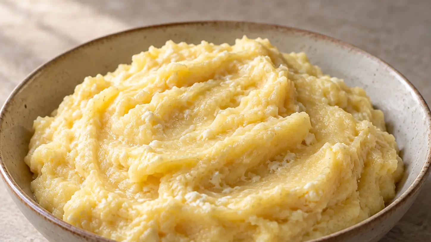 Smočani kačamak denso di patate e mais, cremoso grazie al formaggio bianco e al kajmak balcanico
