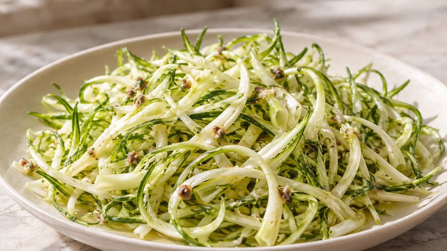 Puntarelle alla romana van lichtgroene gekrulde scheuten met ansjovisdressing op een ondiepe schaal