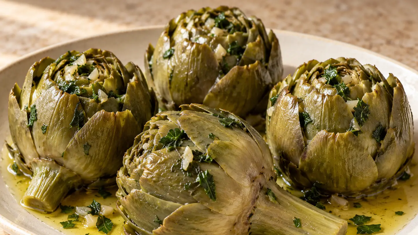 Carciofi alla romana morbidi con aglio, prezzemolo e menta, serviti con il fondo all’olio