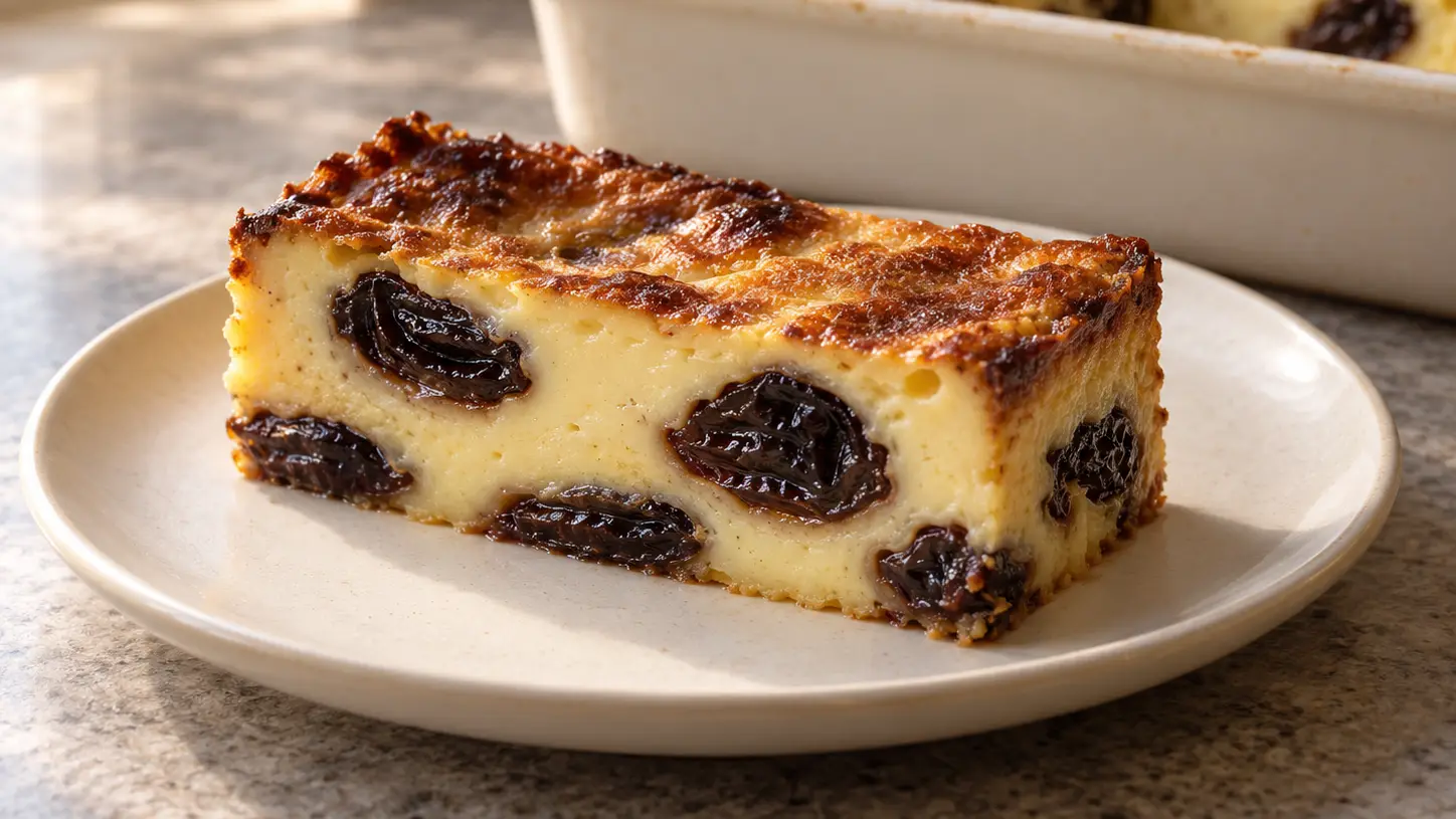 Fetta di far breton con prugne secche, interno cremoso e crosta dorata
