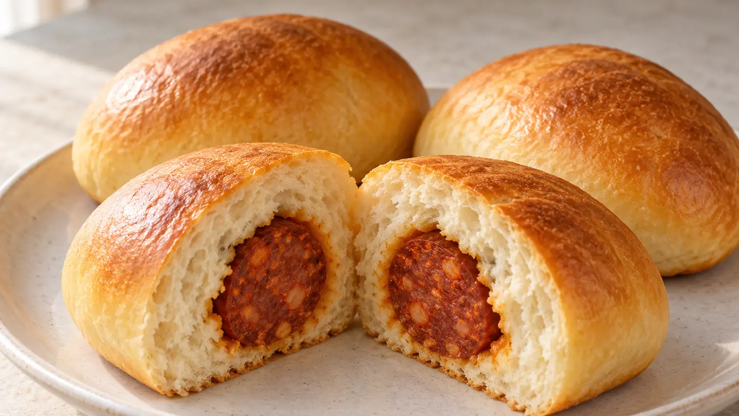 Luchtige bollos preñaos met een goudbruine korst en een stuk chorizo zichtbaar vanbinnen