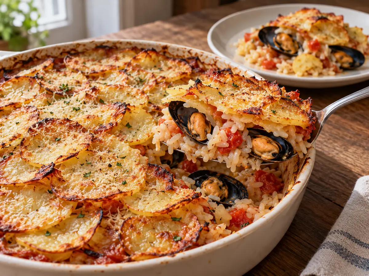 Tiella barese – baked rice, potatoes and mussels