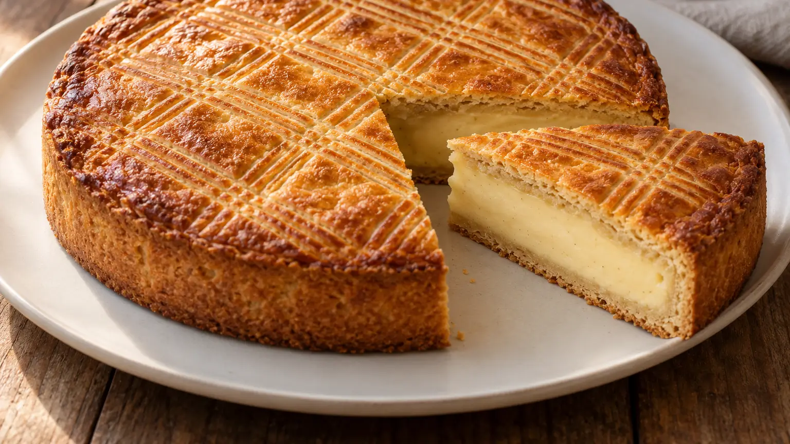Buttery gâteau basque with vanilla pastry cream, a golden top and shallow fork crosshatch