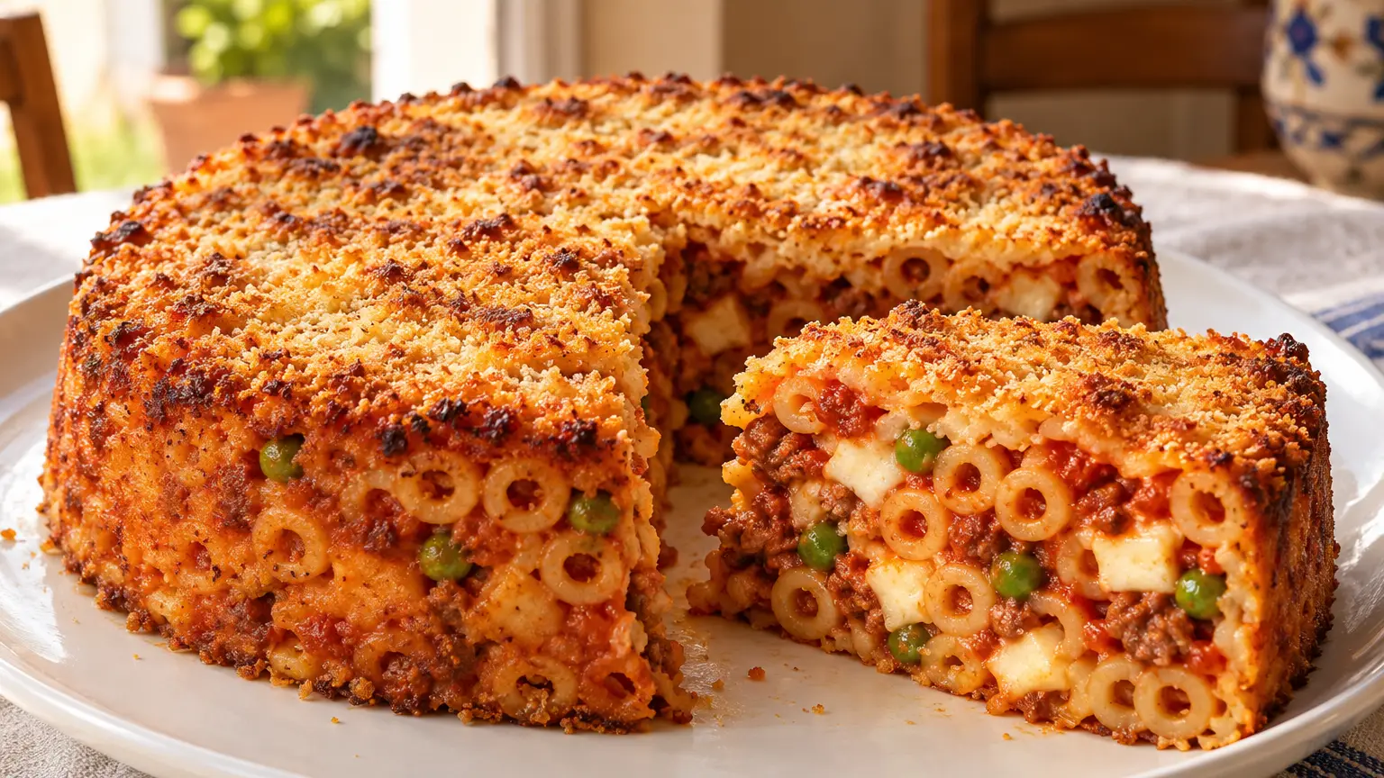 Timballo di anelletti con crosticina dorata, ragù di carne, piselli verdi e pezzetti di formaggio