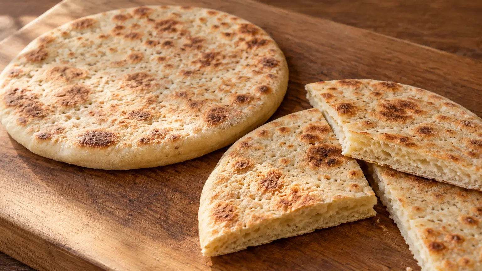 Torta al testo met bruine bakvlekken, in punten gesneden met zichtbaar zacht kruim