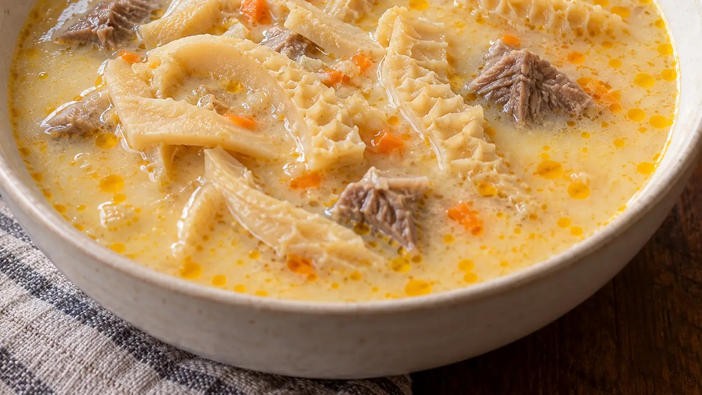Ciorbă de burtă con trippa tenera in una zuppa chiara cremosa con goccioline d’olio dorate