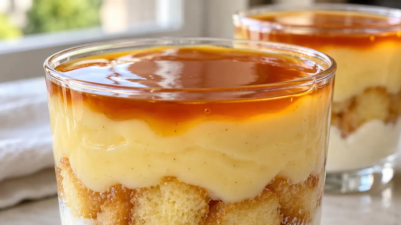 Goxua in bicchiere: panna montata, pezzetti di pan di Spagna, crema vanigliata e caramello liquido ambrato