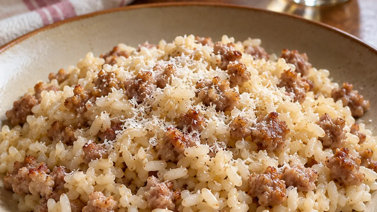 Riso Vialone Nano sgranato con pezzetti rosolati di salsiccia e Grana Padano grattugiato finemente