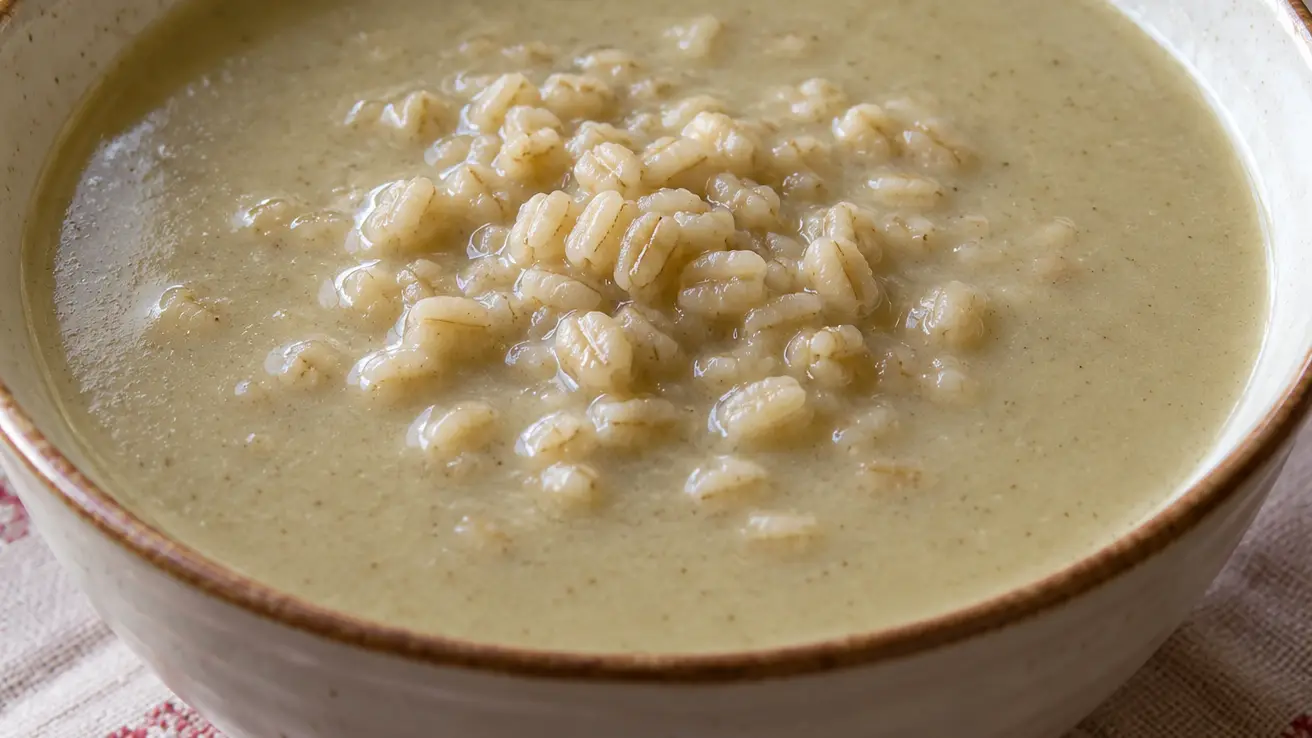 Siemieniotka chiara, leggermente cremosa, con orzo perlato in una ciotola fonda