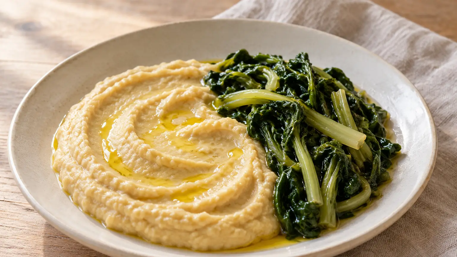 Bleke romige puree van gedroogde tuinbonen met groene bladcichorei en glanzende olijfolie op een diep bord