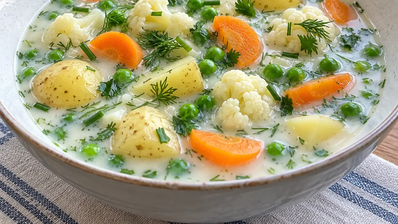 Kesäkeitto chiara al latte con patate, carote, cavolfiore, piselli ed erbe fresche