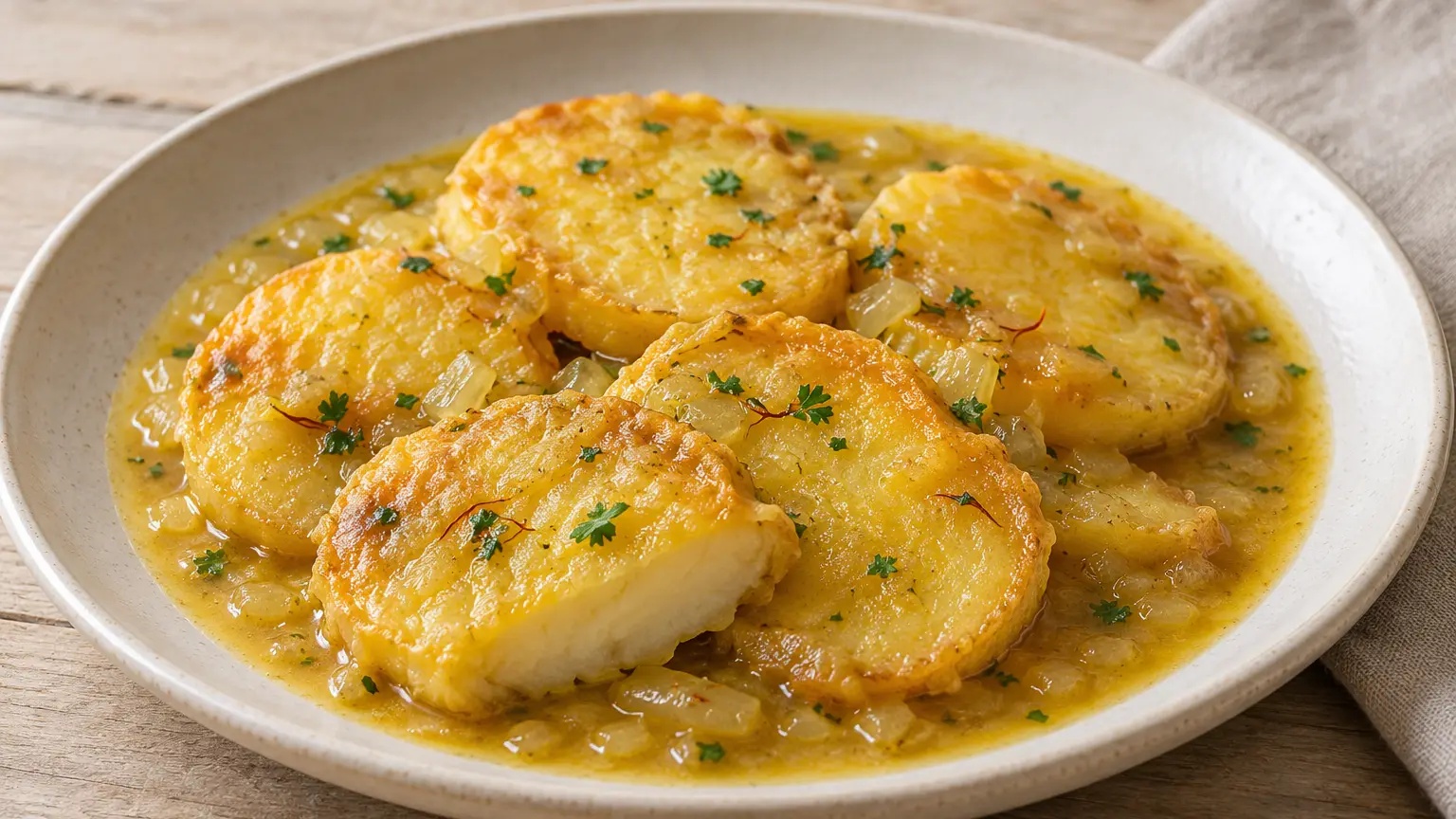 Patatas a la importancia in goudgele saus met ui, saffraan en fijngehakte peterselie