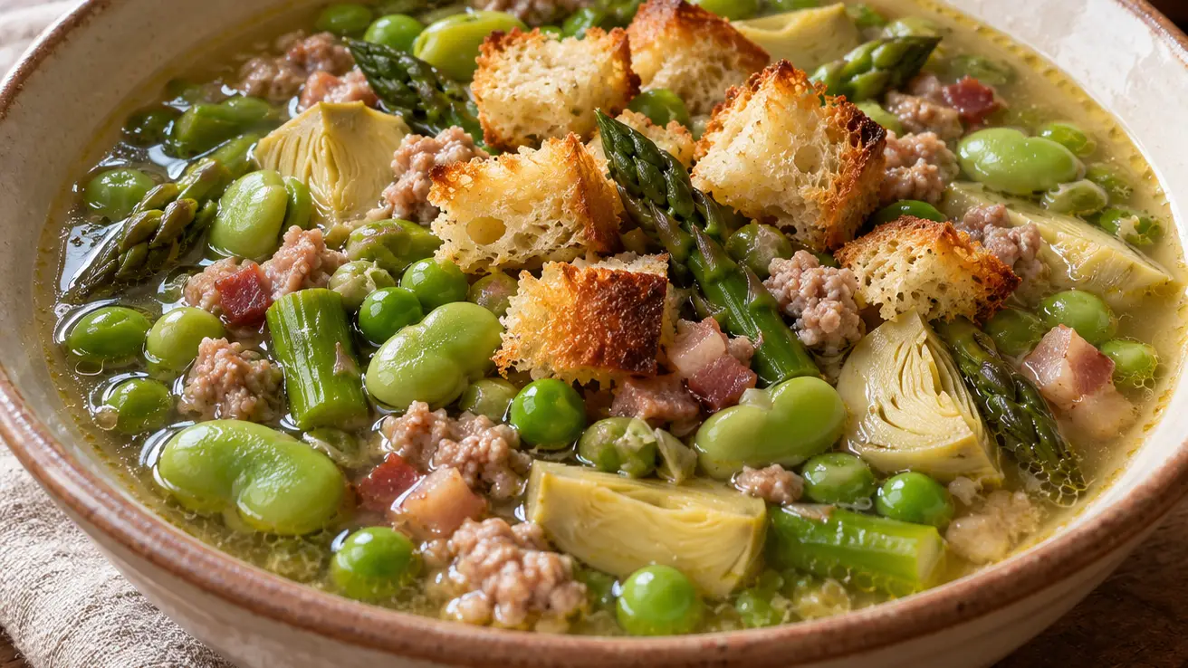 Garmugia lucchese con fave, carciofi, asparagi, piselli, vitello e crostini croccanti