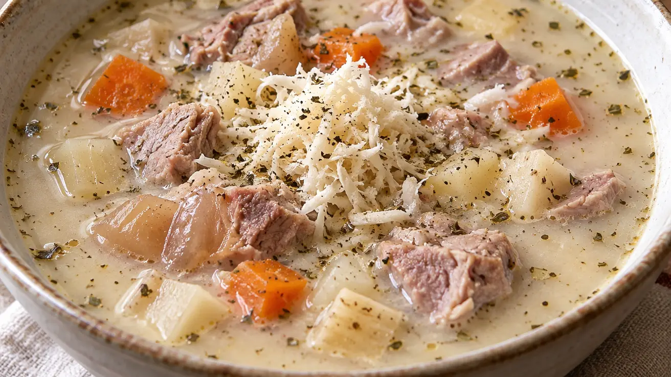 Klachlsuppe chiara con carne di stinco, carote, sedano rapa e rafano appena grattugiato