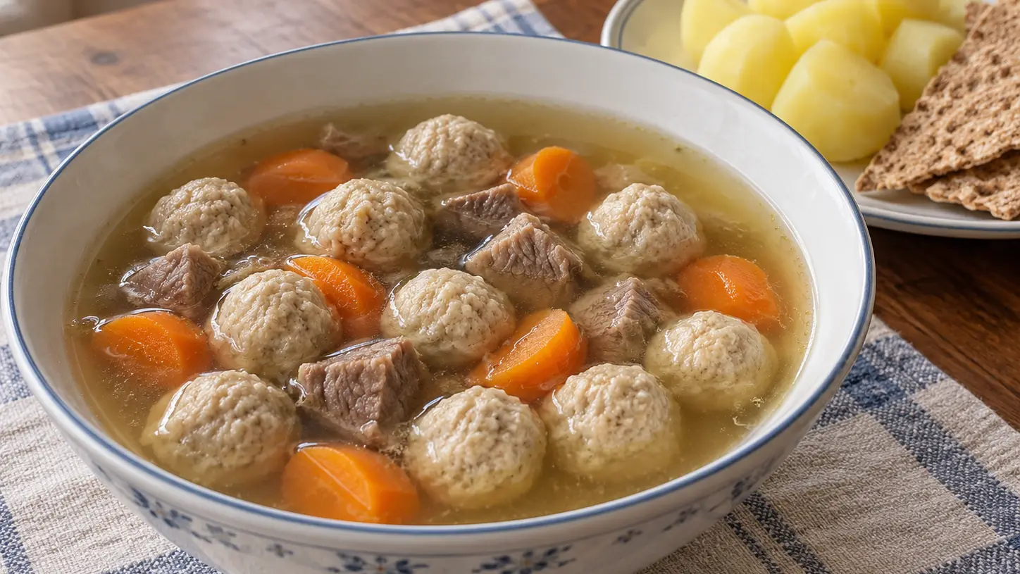 Trøndersodd limpido con agnello, polpette e carote, con patate e pane croccante