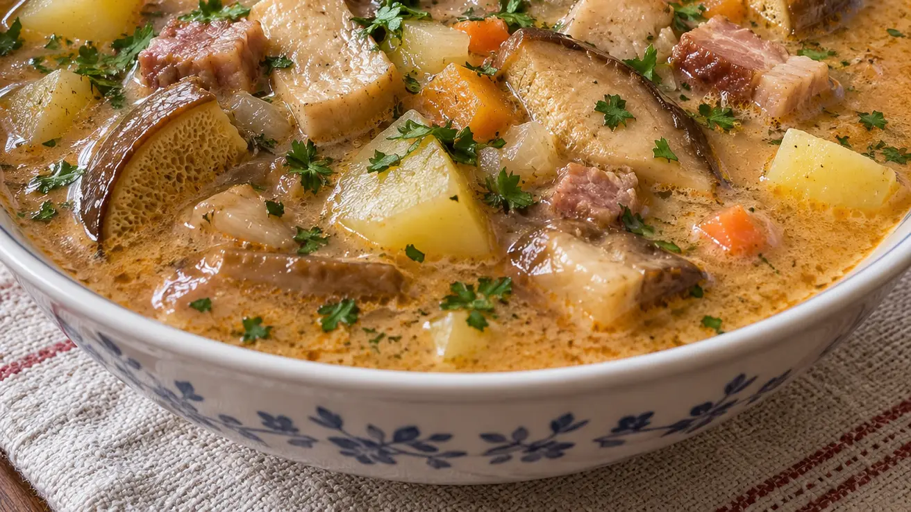 Zagorska juha con porcini, patate e maiale affumicato, legata con panna acida e prezzemolo