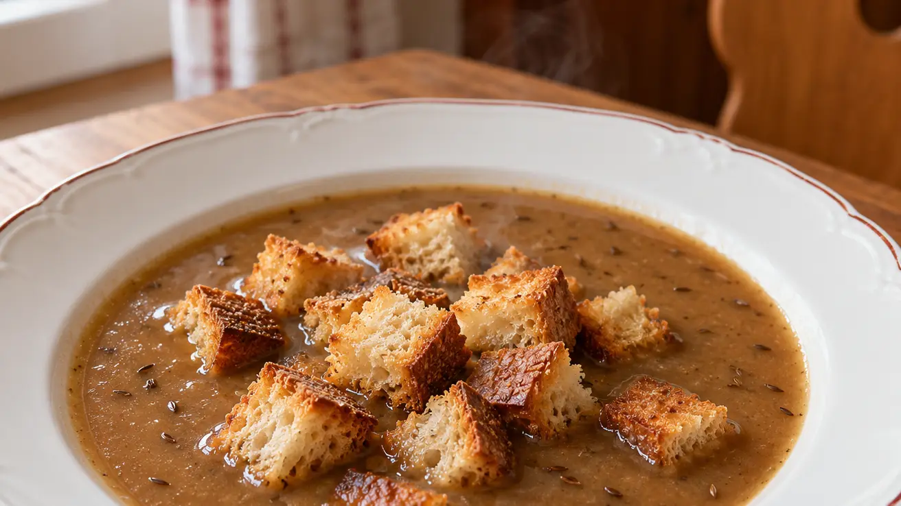 Brennsuppe bruna con carvi e cubetti di pane dorati in un piatto fondo