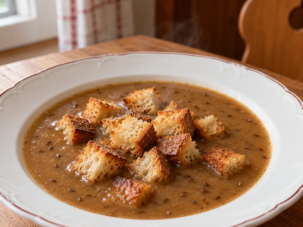 Brennsuppe – Oostenrijkse soep van bruine roux met karwij en croutons