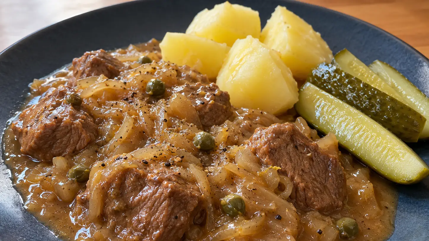 Pfefferpotthast con manzo tenero, sugo di cipolle, patate lesse e cetriolini sottaceto