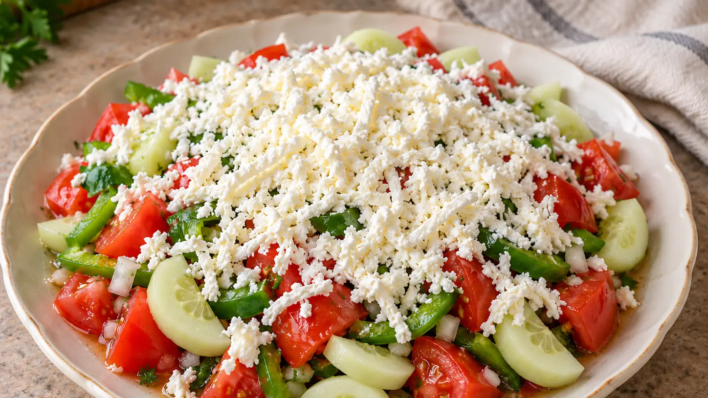 Insalata shopska di pomodori cetriolo e peperone verde sotto uno strato di formaggio bianco grattugiato