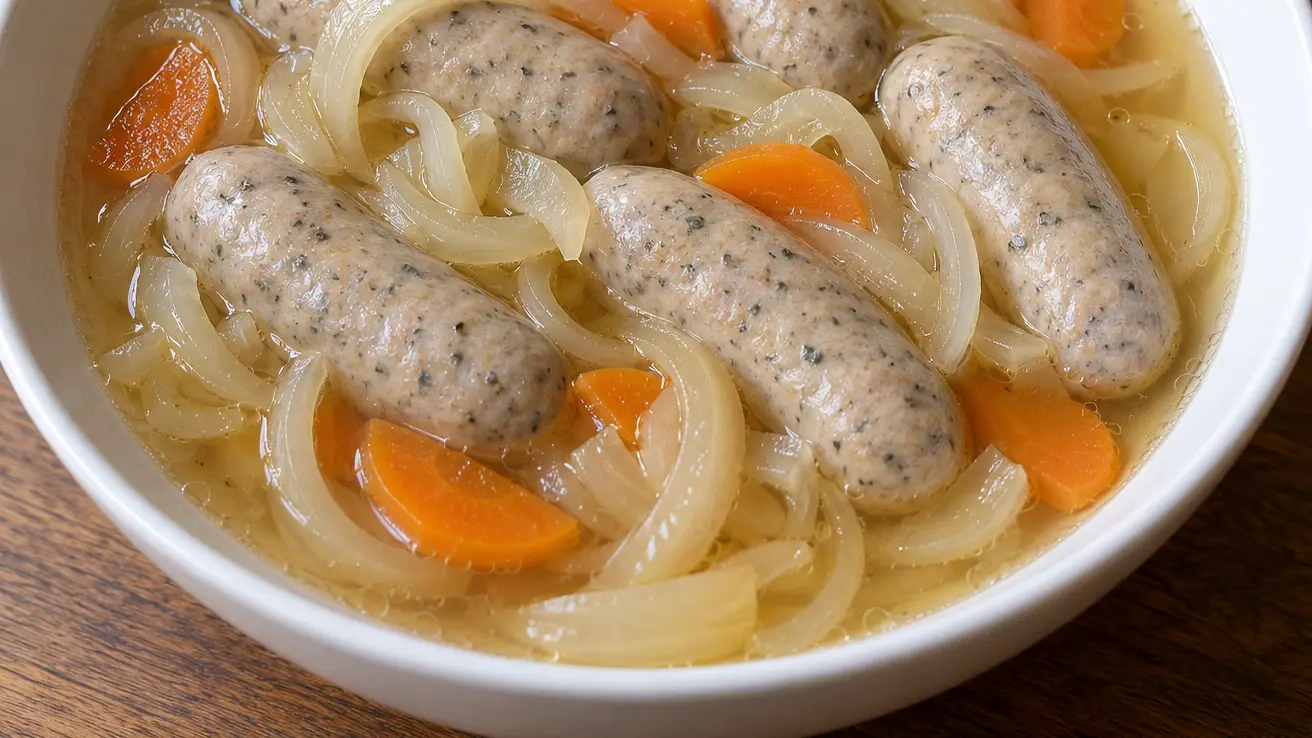 Saure Zipfel met bleke worstjes, uien en wortels in een zure bouillon