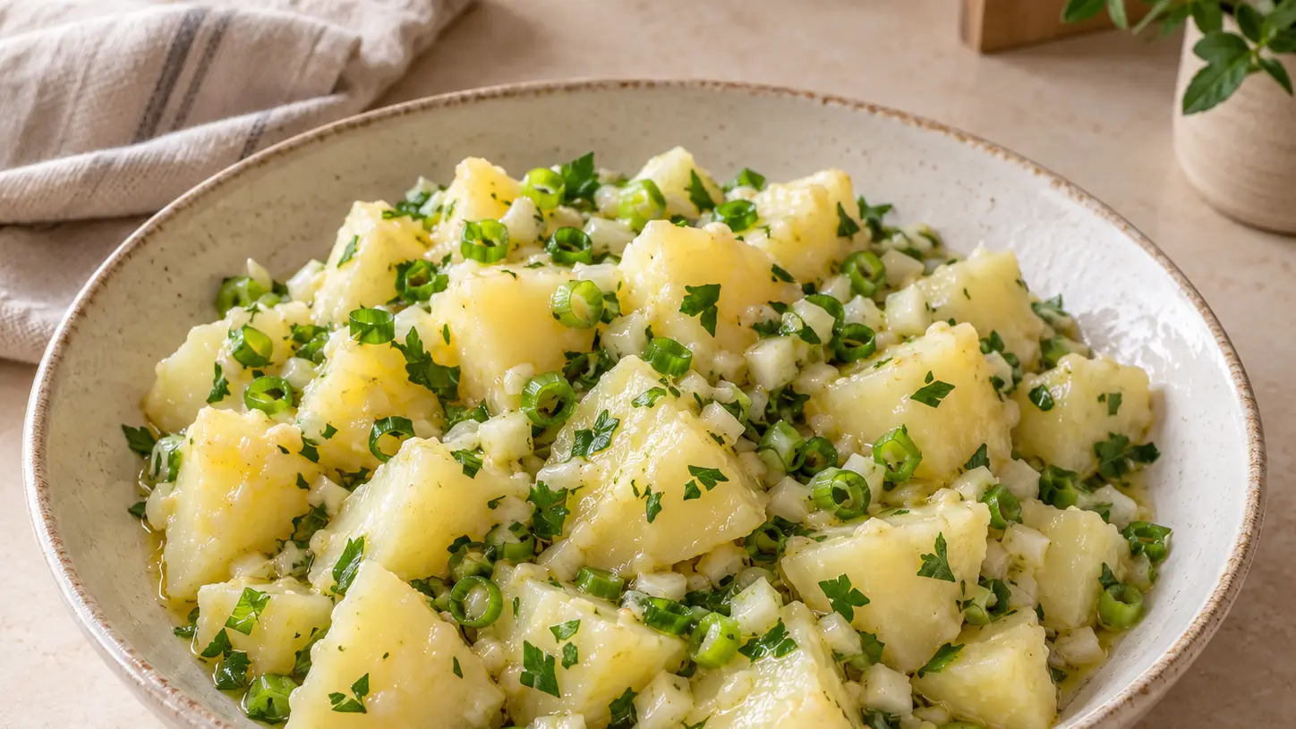 Papas aliñadas a grandi pezzi con cipollotto prezzemolo e un lucido condimento all’olio d’oliva