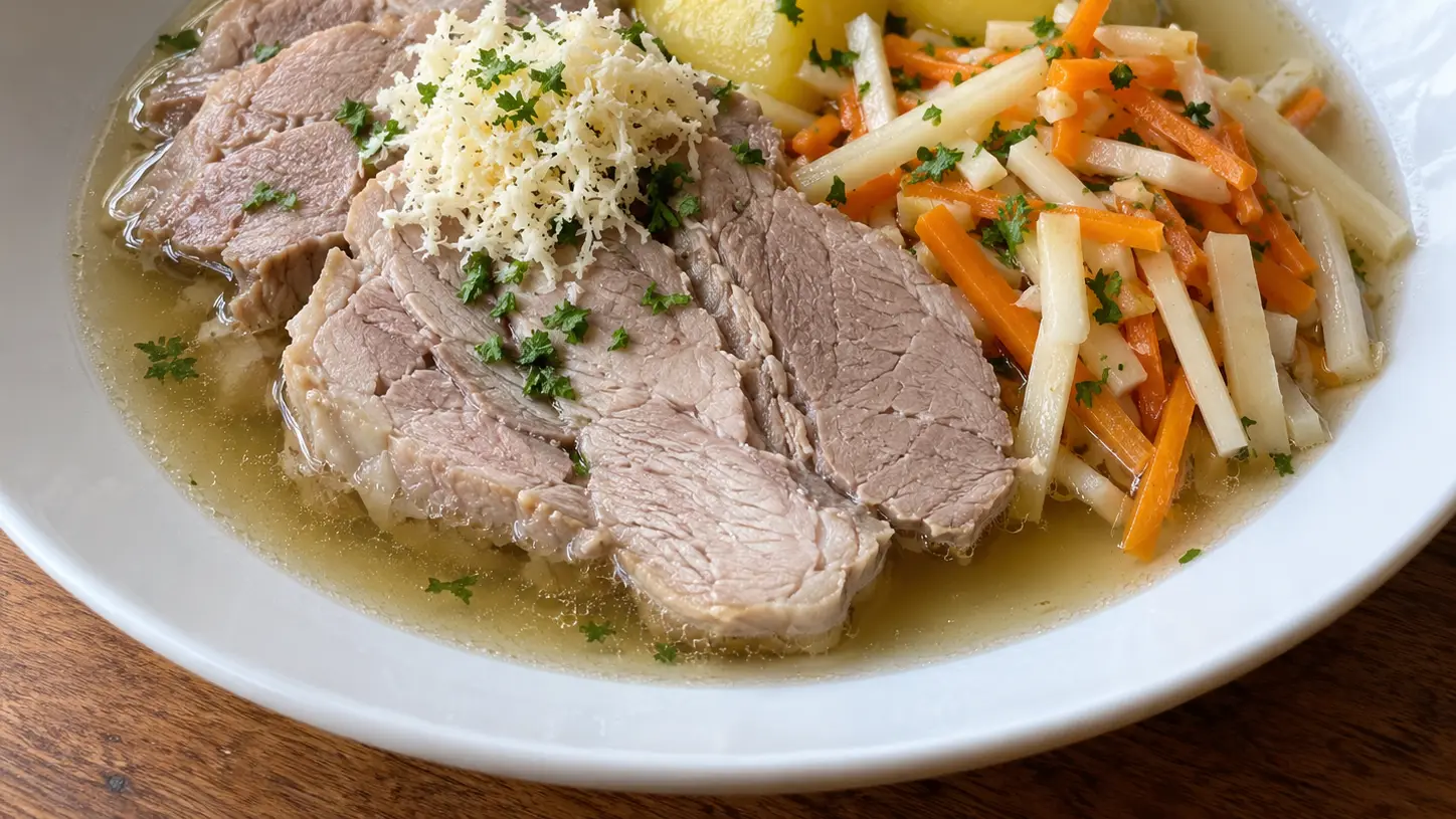 Steirisches Wurzelfleisch met varkensvlees, wortelgroenten, aardappelen en verse mierikswortel