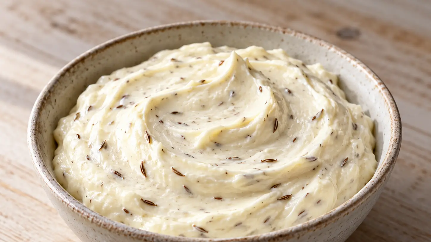 Kastinys samogiziano, crema chiara di panna acida e burro con pezzetti di carvi in una ciotola