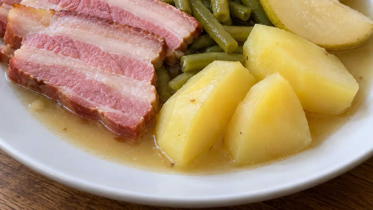 Birnen, Bohnen und Speck con pancetta affumicata, fagiolini, pere e patate lesse