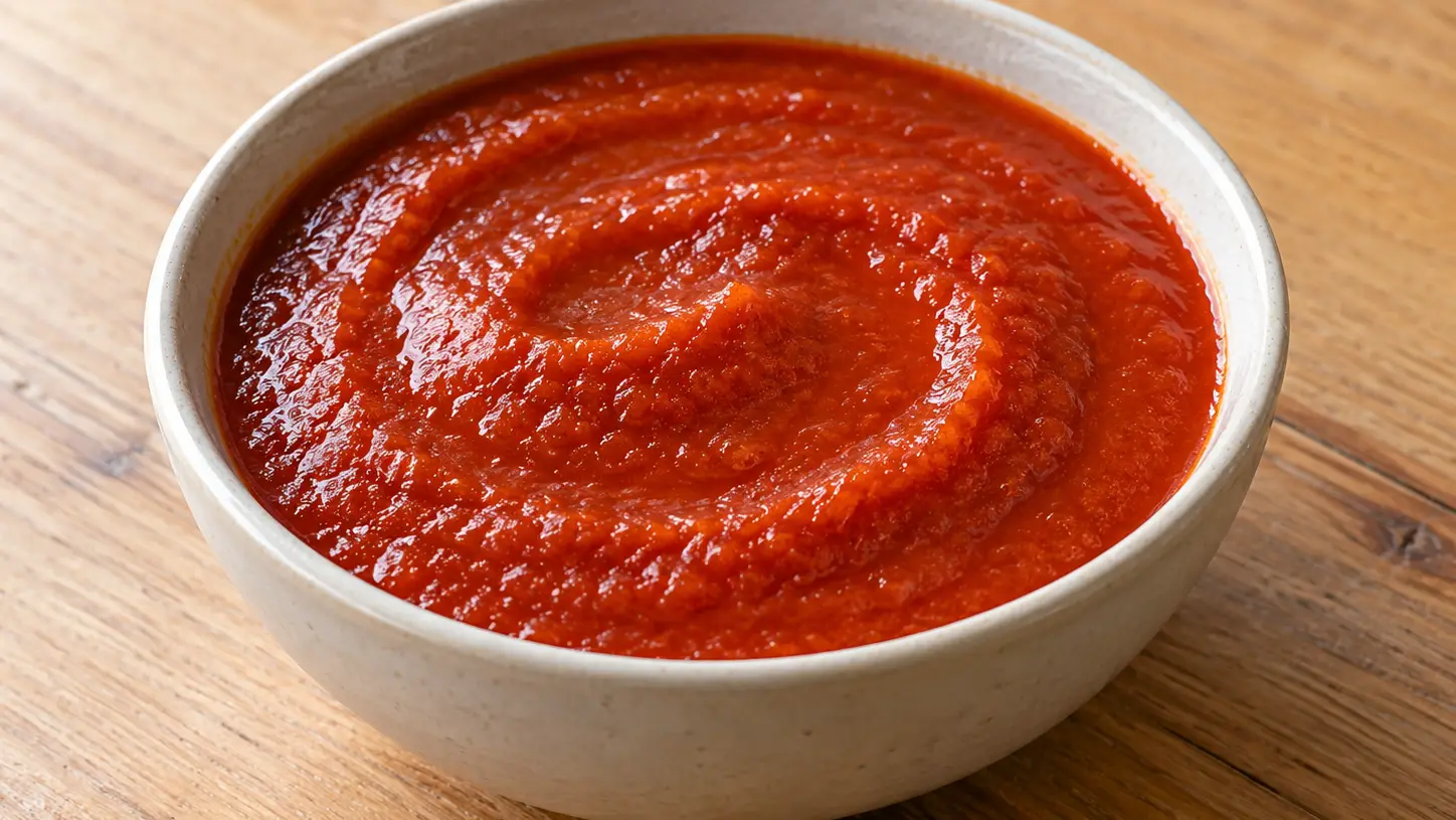 Bagnet ross, dikke rode Piemontese saus van tomaten en groenten in een kommetje