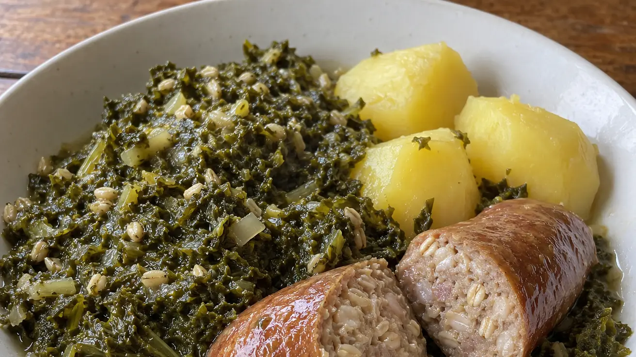 Grünkohl mit Pinkel con cavolo riccio stufato e succoso, salsiccia affumicata e patate lessate