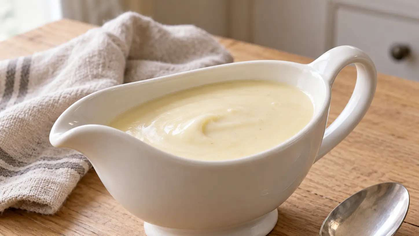 Salsa Soubise chiara e liscia in una piccola salsiera accanto a un cucchiaio