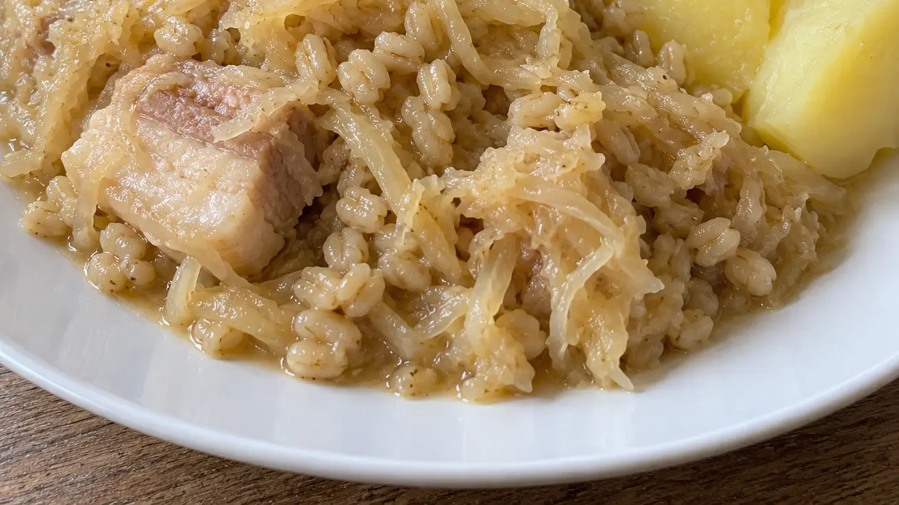 Mulgikapsad met sappige zuurkool, zacht varkensvlees, parelgort en gekookte aardappelen