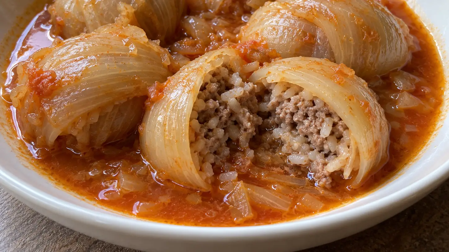 Sogan-dolma met zachte uienlagen, vulling van rundvlees en rijst en lichte tomatensaus