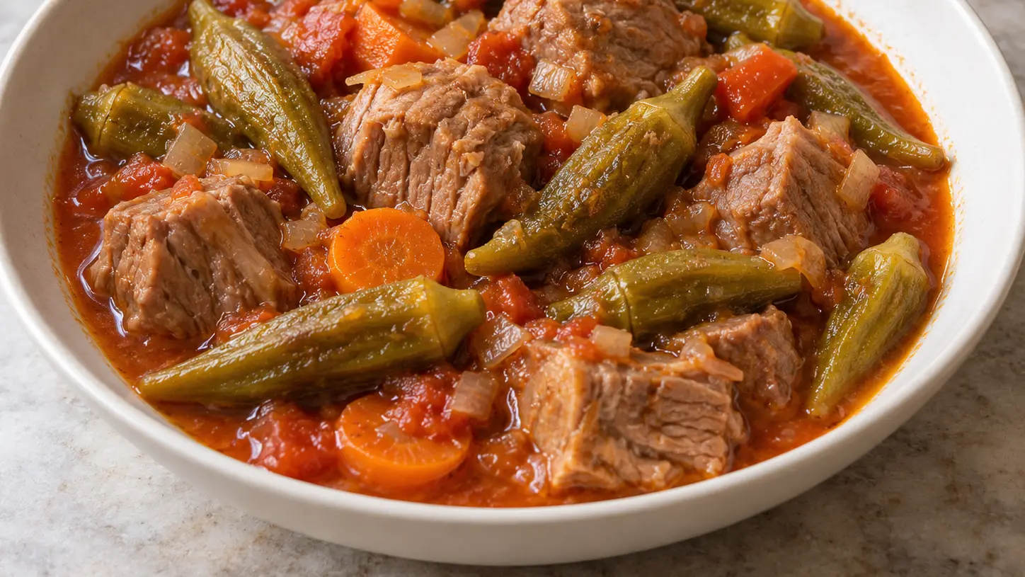 Bamija met malse stukjes kalfsvlees, hele okrapeulen en een lichte tomatensaus