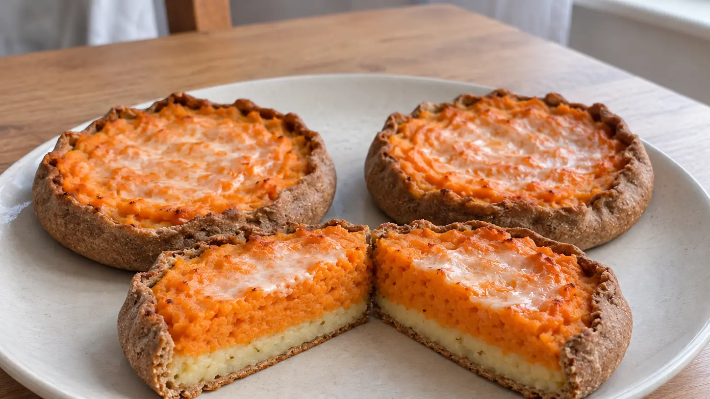 Roggetaartjes met oranje wortelvulling en een dun laagje zure room