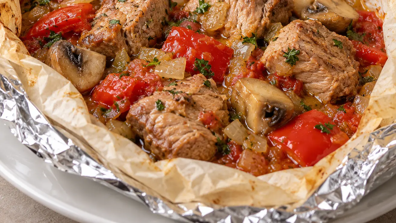 Hadžijski ćevap con vitello, peperone rosso e champignon in un cartoccio di carta aperto