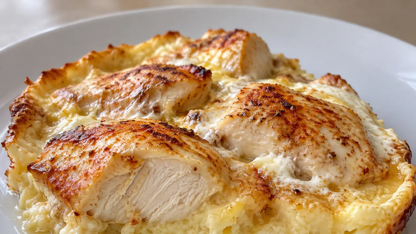 Kvrguša met kipstukken boven zacht pannenkoekenbeslag en een romige laag zure room