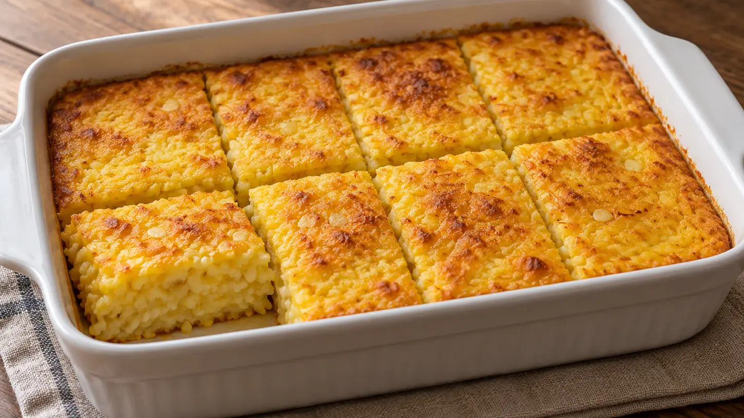 Rijstdessert met saffraan en amandelen in porties gesneden in een ovenschaal