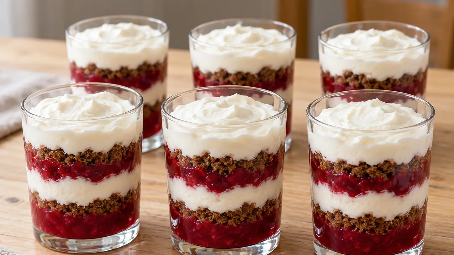 Dessert lettone nei bicchieri con strati di pane di segale, mirtilli rossi e panna montata